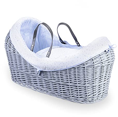 Clair de Lune Stars & Stripes Wicker Noah Pod aus Korbgeflecht, integrierte Kapuze, inkl. Griffen, Bezug, gepolstertem Futter und hypoallergener Matratze, geeignet ab der Geburt, 76 x 29 x 45 cm