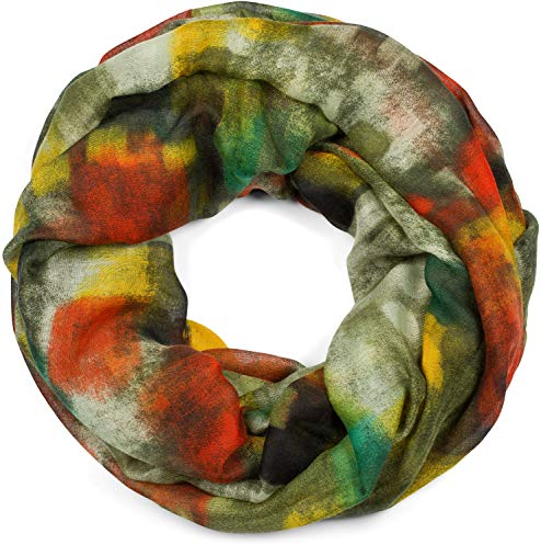 styleBREAKER Damen Loop Schal mit abstraktem Pinselstrich Muster, Schlauchschal mehrfarbig bunt, Tuch 01017130, Farbe:Grün-Orange-Gelb