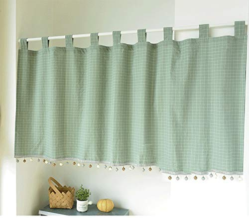 Elegant Schlaufenschal karo Gardine Karierte Küchengardine Bistrogardine | Halbtransparente Bistrogardine mit Kugeln-Kante Landhausstil mit Raffhalter (HxB 40x140cm, dunkelgrün) 1 Stück