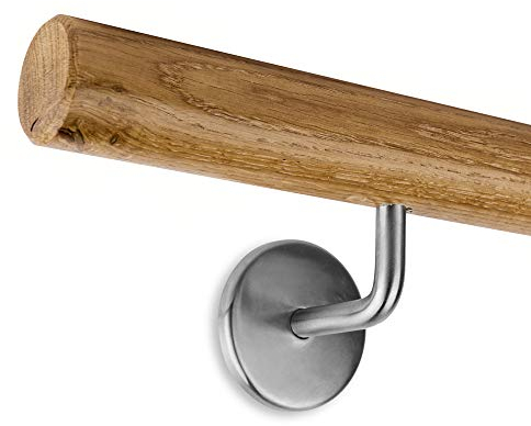 Pasamanos de madera de roble, redondo, 45 mm, incluye soportes de acero inoxidable (300 cm + 3 soportes)