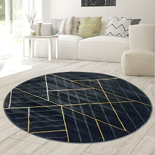 Teppich-Traum RUNDER Designer Wohnzimmerteppich mit geometrischem Muster in schwarz Gold, Größe 160 cm rund