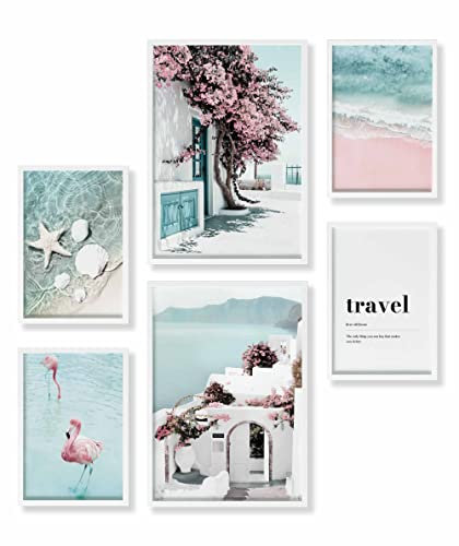Heimlich® Premium Poster Set mit Bilderrahmen Holz Weiss | 2 x DIN A3 & 4 x DIN A4 - ca. 30x42 & 21x30 | Stilvolle Poster Collagen mit passenden Bilder als Wanddeko » Strand Pink Flamingo «