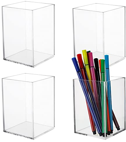 Jucoan 4 Pack Acrylic Pen Holder, Large Thick Clear Makeup Brush Holder, Modern Design Desktop Pencil Cup Stationery Organizer for School Home, Office Desk Accessory