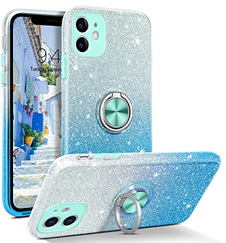 YINLAI iPhone 11 Case with Ring Holder Kickstand - Glitter Sparkle Shiny Cute Slim Shockproof Protective Phone Case for iPhone 11 6.1 Inch, Blue Gradient