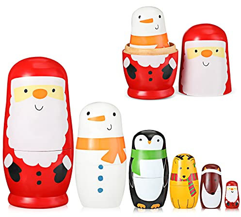 6 Pieces Beautiful Handmade Wooden Russian Nesting Dolls Santa Claus Penguin Elk Snowman Matryoshka Dolls Gift Wooden Stacking Doll Set Learning Toys for Christmas and Birthday, 6 to 1.1 Inch Tall