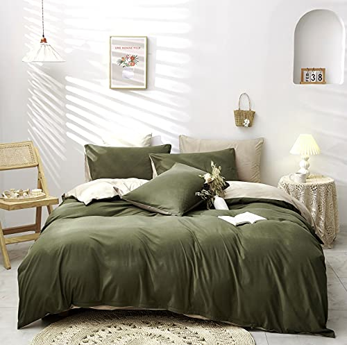 Damier Bettwäsche Grün 220×240cm Olivgrün Beige Unifarben Bettbezug Set 3 Teilig Superweiches Microfaser Deckenbezug mit Verdecktem Reißverschluss und 2 Kopfkissenbezüge 80 × 80 cm