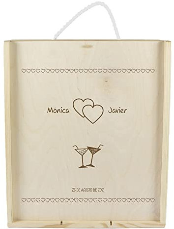 CALLE DEL REGALO Calledelregalo Caja de madera para tres botellas de vino - madera personalizada diseño enamorados - Caja de madera grabada con nombres y fecha