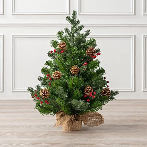 Christow Artificial Mini Christmas Tree with Pine Cones & Berries, 2ft / 60cm Flocked Miniature Tabletop Spruce, Small Indoor Xmas Decoration, Natural Looking PVC & PE Needles, Hessian Wrapped Base