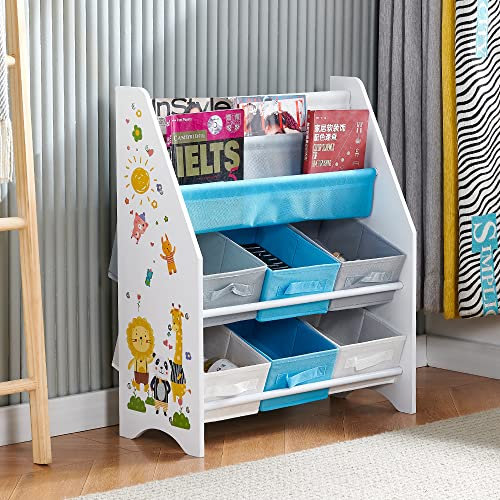 Menaka Kids White Small Book Shelf 2 Tier Shelves with 6 Storage Boxes Sling Floor Bookcase Mini Magazine Storage Display Rack Wooden with Canvas Holder for Nursery Playroom Toddler Bedroom