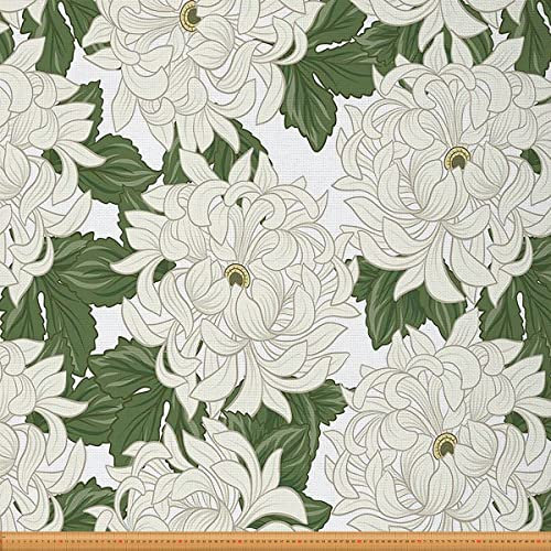 Japanischer Chrysanthemenstoff Meterware Romantischer Blumen Polsterstoff Blätter Dekostoff Retro Blütenblätter Drinnen Draußen Stoff Botanischer DIY Wasserdichter Stoff Grün Weiß 184 x 150 (HxB)