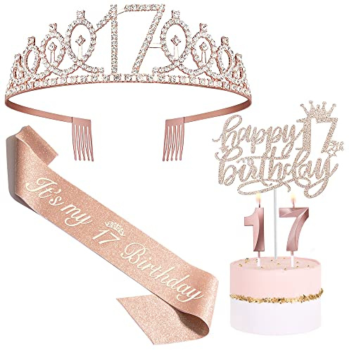 Bella Meri Geschenke zum 17. Geburtstag für Mädchen – Tiara-Krone, Schärpe, Kuchendekoration, Kerzen und Dekorationen