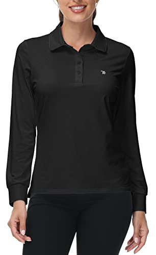 Rdruko Ladies Long Sleeve Polo Shirts Breathable Quick Dry Casual Sports Gym Work Golf Tennis Running Top Women Black XS