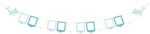 PartyDeco Fotogirlande Banner 15x300cm Geburtstagsgirlande 1.Geburtstag Babyparty 1 Jahr 12 Monate Baby blau/Fotogirlande - Walfisch 10.5 x 15 cm, Mix