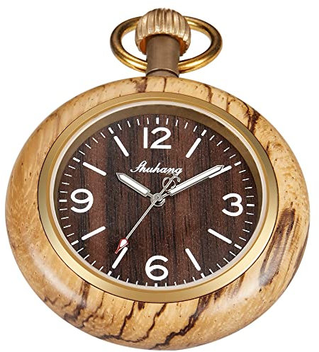 Tiong Holz-Taschenuhr mit 37 cm Langer Kette, handgefertigte Uhren, römisches, digitales Zifferblatt, Quarz, Holz-Taschenuhr für Damen und Herren, Uk-pwr-wood106…