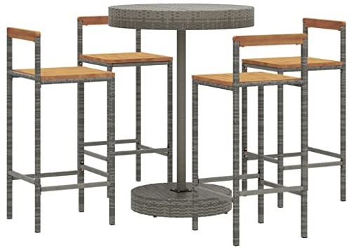 vidaXL Gartenbar Set 5-TLG., Gartenmöbel Bartisch 4 Barstühle, Stehtisch Barhocker für Garten, Sitzgruppe Gartenset, Grau Poly Rattan Massivholz Akazie