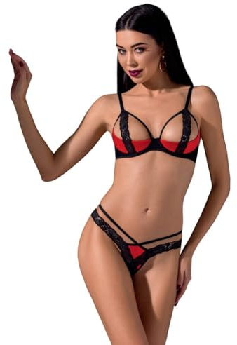 Passion Dessous 2-teiliges Dessous-Set mit Spitze L/XL, Rot/Schwarz, L/XL