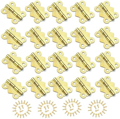 20 Bisagras de Mariposa Pequeña Antiguas 25 x 30 mm - Para Manualidades, Caja de Madera, Regalo, Gabinete, Cajón, Joyero - Con 80 Tornillos (Dorado)