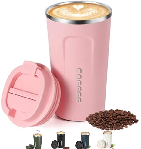Shunshi Insulated Coffee Cup with Leakproof Lid - Reusable Travel Mug, Keeps Drinks Hot or Cold (Pink/510ML)