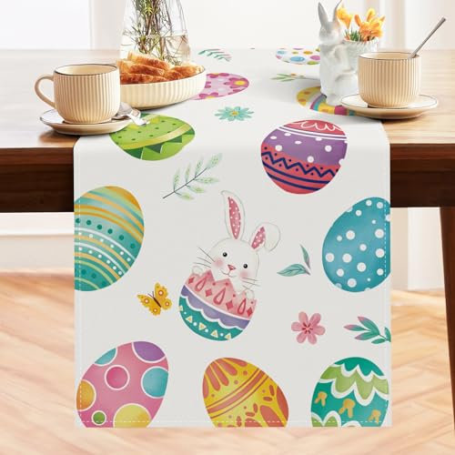 Bonhause Tischläufer Ostern Eier Hase Tischläufer Frühling Blumen Blätter Bunte Küche Esstisch Dekoration für Drinnen Draußen Urlaub Party Waschbar Wohnkultur Tafeltuch (33 x 183 cm)