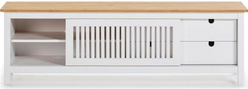 HOMIFAB Meuble TV 1 Porte coulissante 2 tiroirs en pin Massif Blanc/Effet chêne 158 cm - Fabia