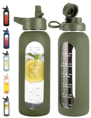 CIVAGO 40 oz Glass Water Bottle with Straw and Handle, Large Sports Motivational Water Bottle Flask with Time Marker and 2 Lids, Leakproof Water Jug Canteen with Silicone Sleeve for Gym,Army Green