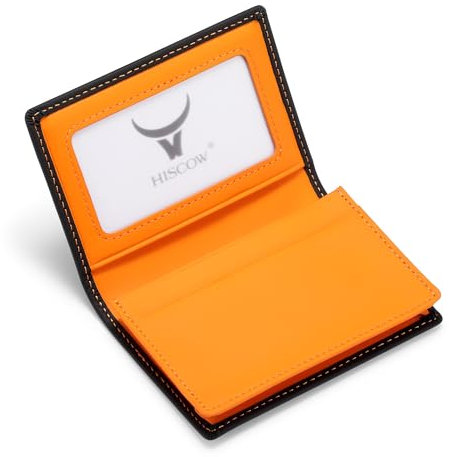 Visitenkartenetui aus Leder für Damen und Herren, italienisches Kalbsleder, Mattschwarz/Orange, Small, modisch