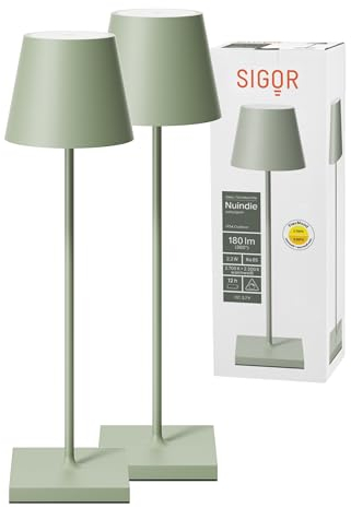 SIGOR 2 Stück Nuindie 2.0 - Dimmbare LED Akku-Tischlampe Indoor & Outdoor, IP54 spritzwassergeschützt, Höhe 38 cm, aufladbar mit USB-C, 12 h Leuchtdauer, salbeigrün