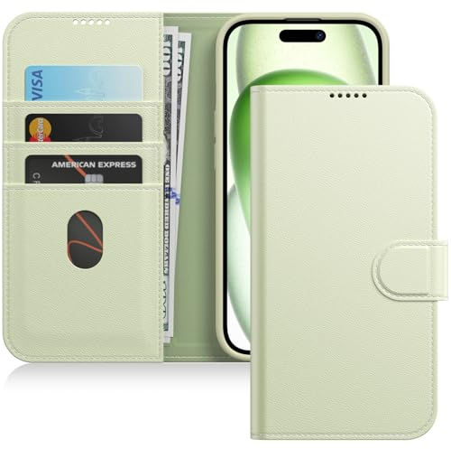 JETech Brieftasche Hülle für iPhone 15 6,1 Zoll, Stoßfestes PU Leder Magnetische Klapphülle mit Kartenhalter, Standfunktion und Vollständiger Kameraschutz (Grün)
