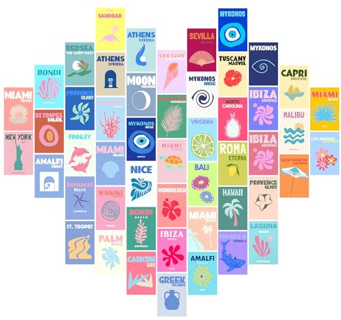 TWNSLLA Dänische Strandzimmer-Dekor: 50 Stück ästhetische Wandcollage, trendige Sommer-Wandkunst, Stranddekoration für Teenager-Schlafzimmer