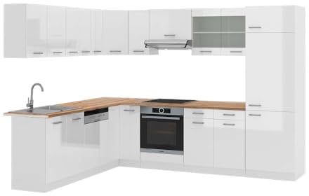 Vicco Eckküche R-Line, Küchenzeile in L-Form, Weiß Hochglanz/Weiß, 227 x 287 cm, AP Eiche