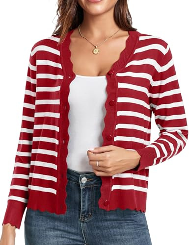 GRECERELLE Cardigan pour femme avec boutons et col en V - Cardigan léger et élégant pour l'été avec dentelle, Rayures rouges et blanches, L