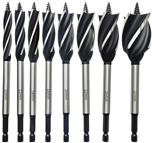 HPMAISON 8 Stück Professionell Holzbohrer Set, Stahl mit hohem Kohlenstoffgehalt Schneckenbohrer mit 1/4 Zoll Sechskantschaft Holzarbeiten Schlangenbohrer 10mm,12mm,14mm,16mm,20mm,22mm,25mm,32mm