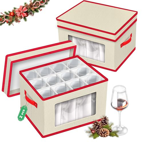VERONLY Lot de 2 boîtes de rangement pour verres à vin - Peut contenir 12 verres à pied avec séparateurs, coque rigide en porcelaine avec 2 poignées et fenêtre pour étiquettes (beige et rouge)