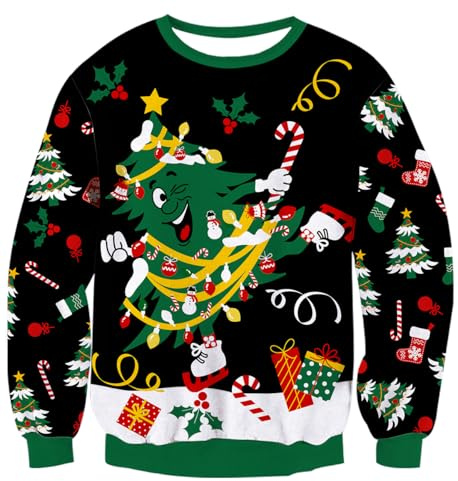 Belovecol Maglione Natalizio da Uomo 3D Albero di Natale Stampato Brutto Maglione Natalizio Pullover Unisex per Coppia Stampa Babbo Natale XL