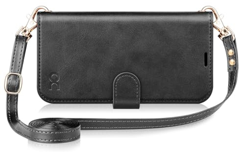 OCASE for iPhone 16 Plus Case with Strap, PU Leather Wallet, Black | Adjustable and Detachable Crossbody Lanyard Cover with RFID Blocking, Card Holders, Kickstand, Shockproof Flip Phone Case