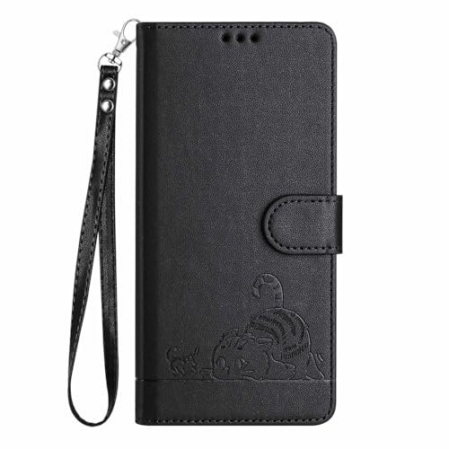 WBWONE Funda Cuero para Realme 9 Pro+ Plus 5G / Realme 9 4G Cartera Magnética Carcasa RFID, Ranuras Tarjetas/Soporte Plegable Patrón Gato Diseño - Negro