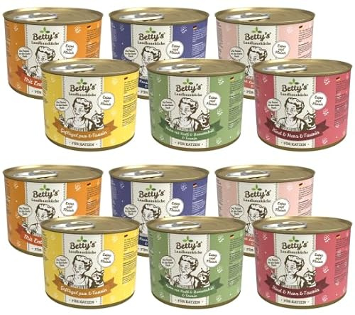 Bettys Landhausküche Cat 12 x 200 g Mixpaket | Garantierter 6 Sorten Mix | Hochwertiges Nassfutter für Katzen | Ohne Getreide | Schonend gegart | Bekömmlich | mit Taurin | Hoher Fleischanteil
