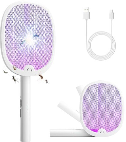 weiclianhp Raqueta Eléctrica para Mosquitos 3000V Plegable 2 en 1 - Matamoscas Eléctrico Recargable 1500mAh con Carga USB-C y Luz UV - Mata Mosquitos y Otros Insectos