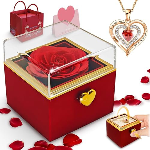 auvstar Rosa Eterna con Collana Personalizzata,Rosa con Collana,Rosa Eterna Stabilizzata,Eternal Rose con Pulsanti,Scatola Sorpresa San Valentino,San Valentino per lei,Regalo Mamma Compleanno(RR)