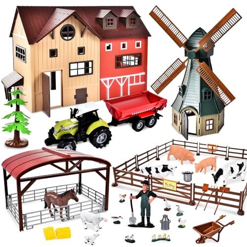 JONRRYIN Farm Animals Toys, Farm Toys with Windmill House Horse Stable Tractor Trailer Farmer Fence Cows, Farm Animal Playset, Farm Animal Figures Play Set Gifts for Kids Boys Children 3-7 Years Old