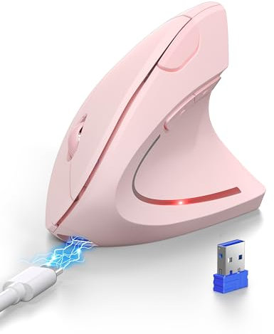 TECKNET Mouse Verticale, Mouse Bluetooth Ergonomico Ricaricabile, Wireless Ottico Right Handed 6 Pulsanti, Multi-dispositivo (BT5.0/3.0+USB-A), 4800 DPI 6 Livelli Regolabili, Ampia compatibilità-Rosa