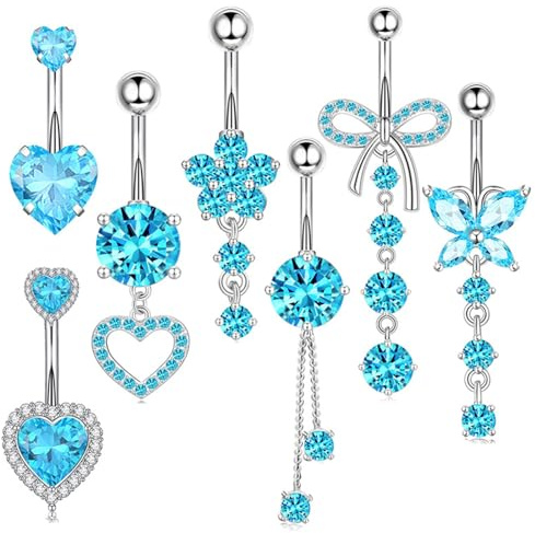 Irikdescia 7 Stück Bauchnabelpiercing Set, Edelstahl Zirkonia Hängend Herz Piercing Bauchnabel Belly Button Ring Wasserfest, Bauchpiercing Schmuck Frauen(Blau)