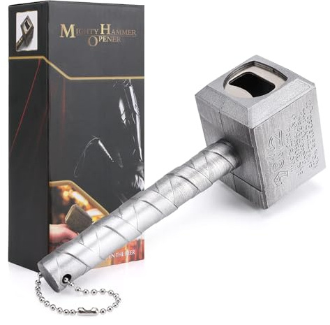 Magnetic Bottle Opener for Beer - Heavy Duty Wall Mount Opener with Magnet & Hanging Chain, Hammer Shaped Bar & Kitchen Accessory, Unique Gifts for Men, Dad, Husband(Silver-Megtic)
