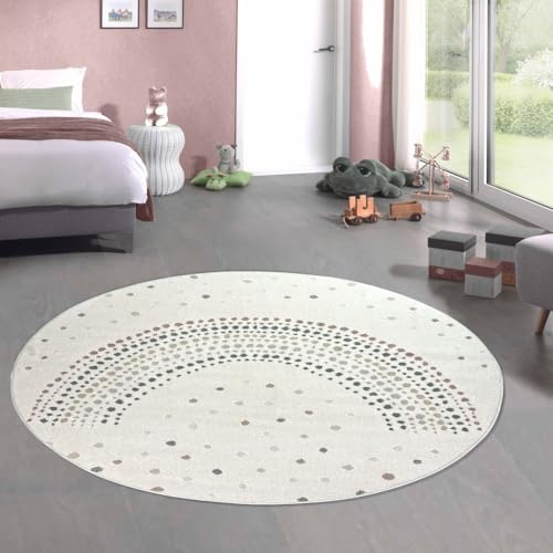 CARPETIA TeppichKinderzimmer Babyzimmer Spielzimmer Großer Runder Regenbogen-Teppich mit Punkten pflegeleicht weich schadstofffrei langlebig gemütlich Creme Mehrfarbig 200 cm-Rund
