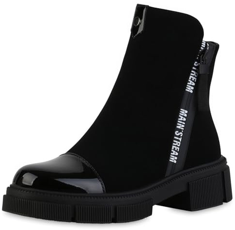 VAN HILL Damen Klassische Stiefeletten Blockabsatz Lack Trendy Schuhe 217628 Schwarz Lack 40