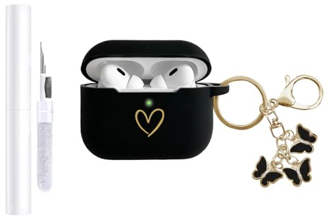 AIIEKZ Kompatibel mit AirPods Pro 3 Hülle Cover 2025, weiche Silikonhülle mit goldenem Herzmuster für AirPods Pro 3. Generation Hülle mit süßem Schmetterlings-Schlüsselanhänger (Schwarz)