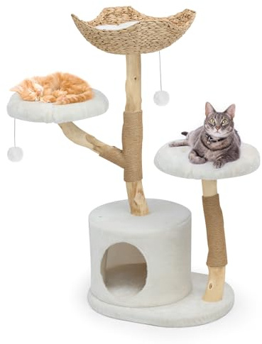 KULAMOON Solid Wood Cat Tree Tower, Modern Multi-Level w/ 2 Flower Perches, Scratching Post, Hanging Ball - Luxury Boho Cat Furniture w/Condo & Wicker Basket for Indoor Cats