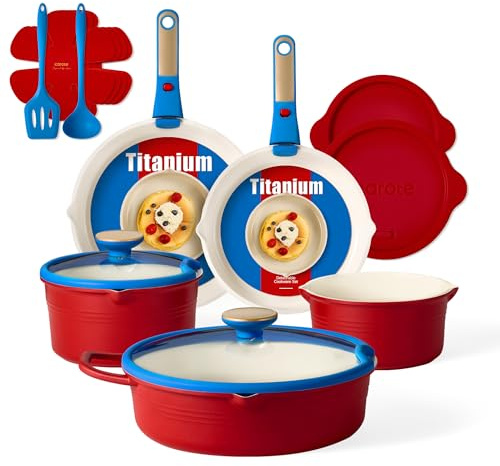 CAROTE 17Pcs Titanium Cookware Set, Pots and Pans Set Non Stick, Kitchen Cooking Set with Detachable Handle, Non Toxic Induction Cookware, Dishwasher/Oven Safe，Memphis Design