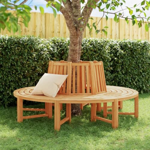 Zeehear Baumbänke 2er Set Halbrund Ø201 cm, Massivholz Teak, wetterfest, Gartenbank mit Rückenlehne für Außenbereich, Terrassenmöbel
