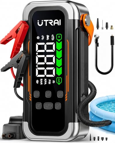 UTRAI 7000A Booster Avviatore Auto con Compressore & Soffiatore d'aria, 12V Avviatore Batteria Auto (Tutto Gas Benzina e 12L Diesel), Gonfiatore Pneumatici, Power Bank PD30W, Torcia LED Batteria Auto